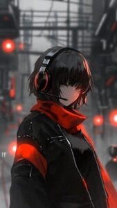 A stylized digital illustration of a person with short black hair wearing a headset, standing in a moody, neon-lit cityscape. They wear a black jacket with red accents, and the red glow highlights their face and scarf, giving a cyberpunk vibe