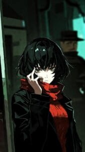 A moody anime-style illustration of a girl with short black hair, wearing a red scarf and black jacket. She stands in an urban alleyway, looking directly at the viewer with a serious expression while touching her face with one hand