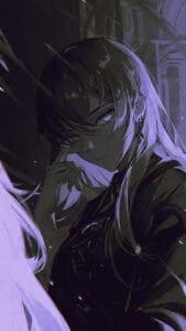 A moody digital illustration of a person with short hair partially covering their eyes, standing in a dim, purple-toned environment. The figure rests their chin on a finger, wearing dark clothing and an earring, with soft light highlighting the hair and face