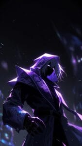 Digital artwork of a mysterious character wearing a dark hooded cloak adorned with glowing purple geometric patterns. The face is mostly hidden in shadow, revealing only intense purple eyes. The background is dark with scattered light fragments, enhancing the dramatic and otherworldly atmosphere. The character’s extended hand suggests confrontation or magical power.