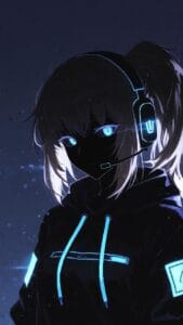 Anime-style illustration of a girl with pale hair wearing a black hoodie and a headset with blue neon accents. Her eyes glow blue, and glowing blue lines on the hoodie emphasize a cyberpunk vibe. The overall scene is dark with bright blue highlights