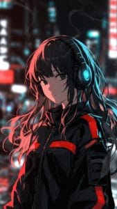 Anime-style illustration of a girl with long hair wearing a black jacket with red accents. She has blue and red neon lighting on her hair and a glowing headset, set against a blurred cyberpunk cityscape with bright signs in the background