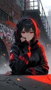 An anime-style girl with red eyes wears a black hoodie and a red-and-black jacket, sitting at a cracked table in a gritty urban alley. She has a red headset on and rests her chin on her hand, giving a calm, confident look. The background shows graffiti, brick walls, and industrial scaffolding with warm red light accents and scattered sparks, creating a moody cyberpunk atmosphere.