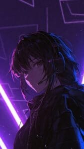 A futuristic anime-style girl with short dark hair wears a large headset with a microphone. She gazes over her shoulder in a dim, neon-lit scene featuring purple and blue lights and glowing geometric shapes in the background. The overall mood is moody and cyberpunk.