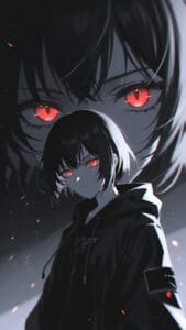 Anime-style illustration of a dark-haired figure with vivid red eyes wearing a hoodie. A large, semi-transparent portrait of the same character looms in the background, emphasizing the intense red gaze. The scene has a moody, monochrome palette with red highlights and drifting embers.