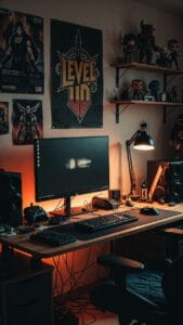 Stylized digital artwork of a cozy gaming and workstation setup in a dimly lit room with orange ambient lighting. The desk features a widescreen monitor, mechanical keyboard, gaming mouse, game controller, and tech accessories. Surrounding the setup are large speakers, a desk lamp, and wall-mounted shelves holding action figures and gadgets. A bold “LEVEL UP” poster decorates the wall, emphasizing a gaming and motivational theme.