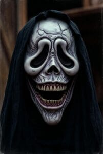 Grotesque Skull Mask with Sharp Teeth and Hooded Cloak