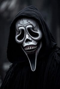 A person wearing a dark hooded cloak and a grotesque, horror-themed mask with drooping eye sockets, sharp teeth, and a gaping mouth stands against a blurred, shadowy background. The eerie design evokes a monstrous twist on the classic Ghostface character, enhancing the image’s haunting and cinematic atmosphere.