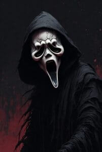 A figure wearing a black hooded cloak and a white mask with deep eye sockets, a long open mouth, and furrowed brows stands against a dark background with red splatters. The haunting expression and sinister setting evoke intense horror themes, reminiscent of the iconic Ghostface character from the "Scream" franchise.