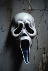 A stylized white mask with hollow eyes and a long open mouth, resembling the Ghostface character, is mounted against a cracked, peeling wall. The distorted expression and textured background create a chilling, horror-themed atmosphere evocative of suspense and fear.