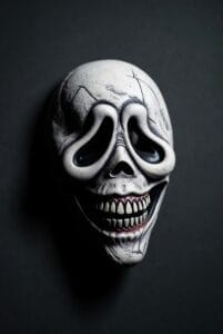 A figure wearing a black hooded cloak and a white mask with deep eye sockets, a long nose, and a wide-open mouth stands in a dark, misty environment with tree silhouettes in the background. The eerie expression and foggy forest setting create a chilling, horror-inspired atmosphere perfect for Halloween or suspenseful storytelling.