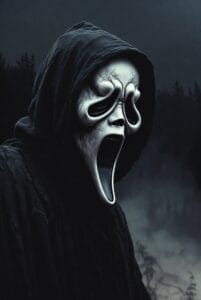 A figure cloaked in black wears a stylized white mask with hollow eyes, a long open mouth, and deep creases, resembling a scream. The dark, misty forest background with silhouetted trees intensifies the eerie and haunting atmosphere, evoking horror themes and ghostly imagery.