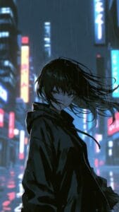 Stylized digital artwork of a person with medium-length black hair wearing a dark hooded jacket, standing in a rainy city at night. The background features tall buildings with vibrant neon signs in blue, red, and yellow, some with Japanese characters. Rain falls steadily, and the wet pavement reflects the glowing lights, creating a moody, cinematic atmosphere.