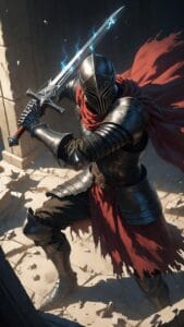 Armored knight with glowing blue sword and red cape Elden Ring wallpaper 4k PC 2560x1440