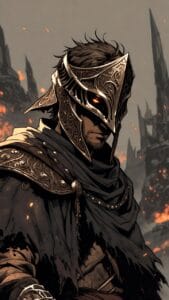 Mystical armored warrior with glowing orange eyes Elden Ring wallpaper 4k pc ultra hd