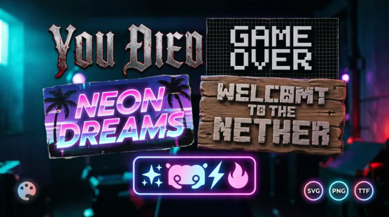Best free gaming text and font generators 2026 showing Dark Souls, pixel art, vaporwave and Discord text examples