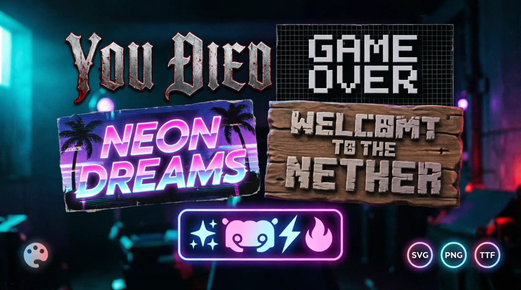 Best free gaming text and font generators 2026 showing Dark Souls, pixel art, vaporwave and Discord text examples