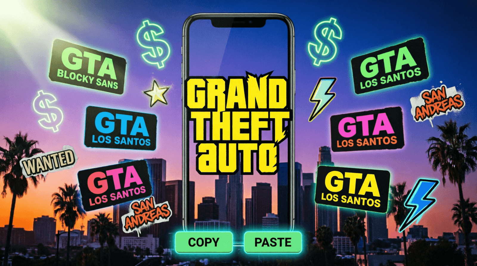 GTA Font Generator tool creating Grand Theft Auto style logo text with outline and color options