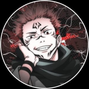 Creepy smiling anime boy profile picture in dark hoodie with facial markings and red lines