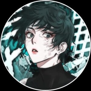 Dark aesthetic anime boy profile picture with cracked face and blue abstract background