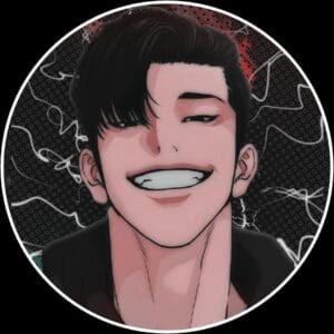 Edgy anime boy profile picture winking with short black hair and abstract red background