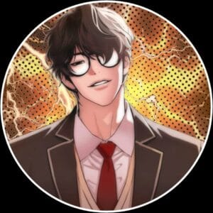 Stylish anime boy profile picture wearing glasses and red tie with warm orange background