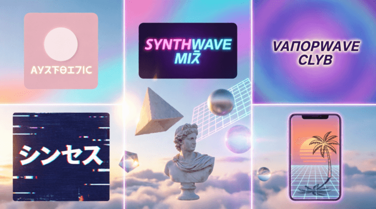Collage of five creative vaporwave text uses: Instagram bio with aesthetic wide text, neon YouTube thumbnail, retro Discord server banner, glitch art poster, and synthwave phone wallpaper.