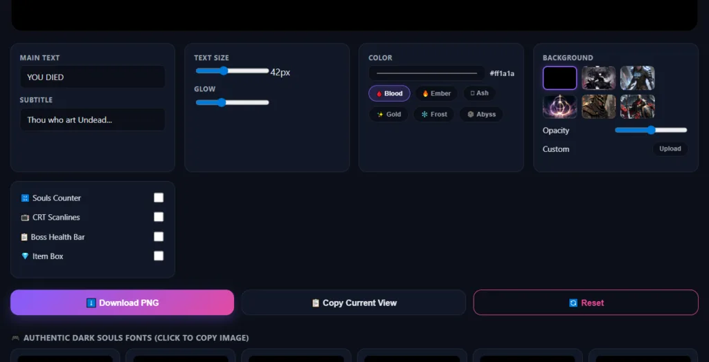 Dark Souls inspired text customization settings with glow, color, size and overlay controls