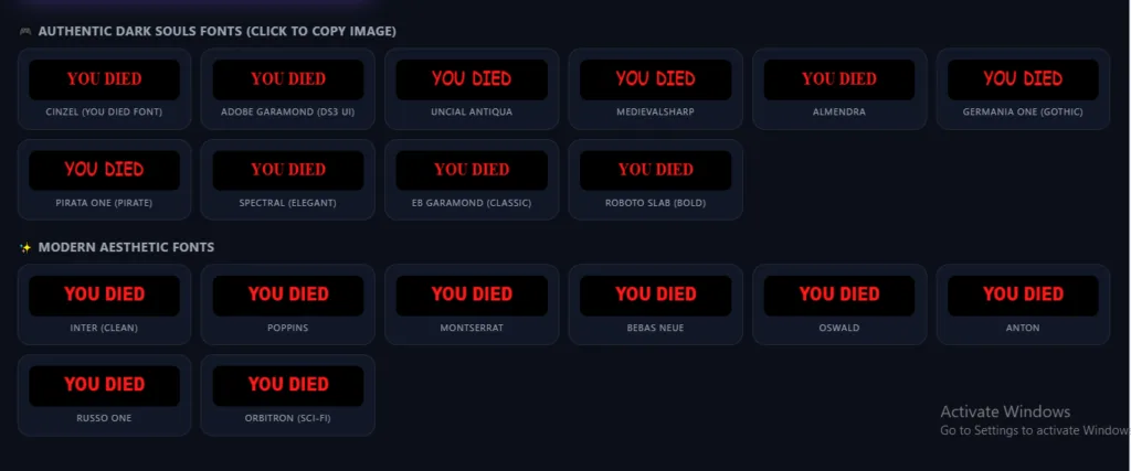 Dark Souls inspired font library with serif and gothic typeface styles