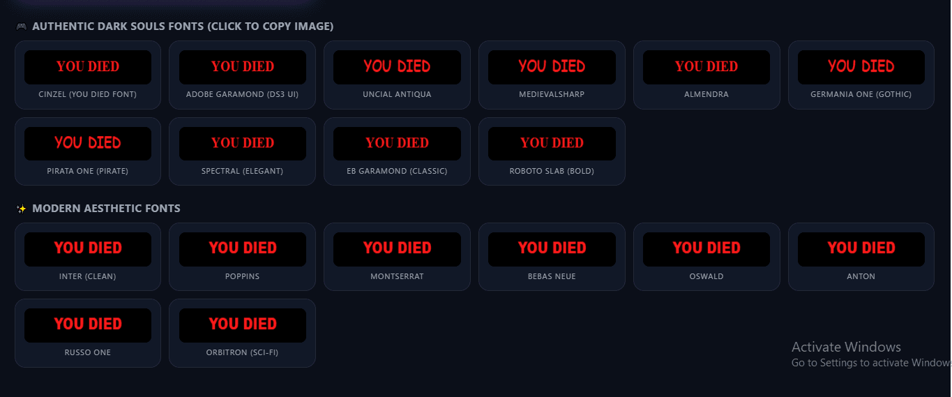 A grid of Dark Souls style fonts including Cinzel, Garamond, and Gothic styles for 'You Died' meme generation