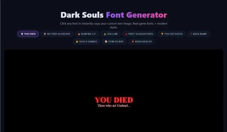 Dark Souls font generator online interface showing 'YOU DIED' text preview and preset game message buttons.