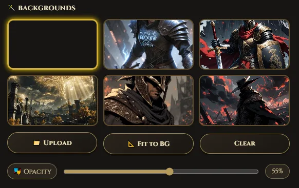 Abyss backgrounds gallery for Elden Ring style banners with opacity slider and preset selection