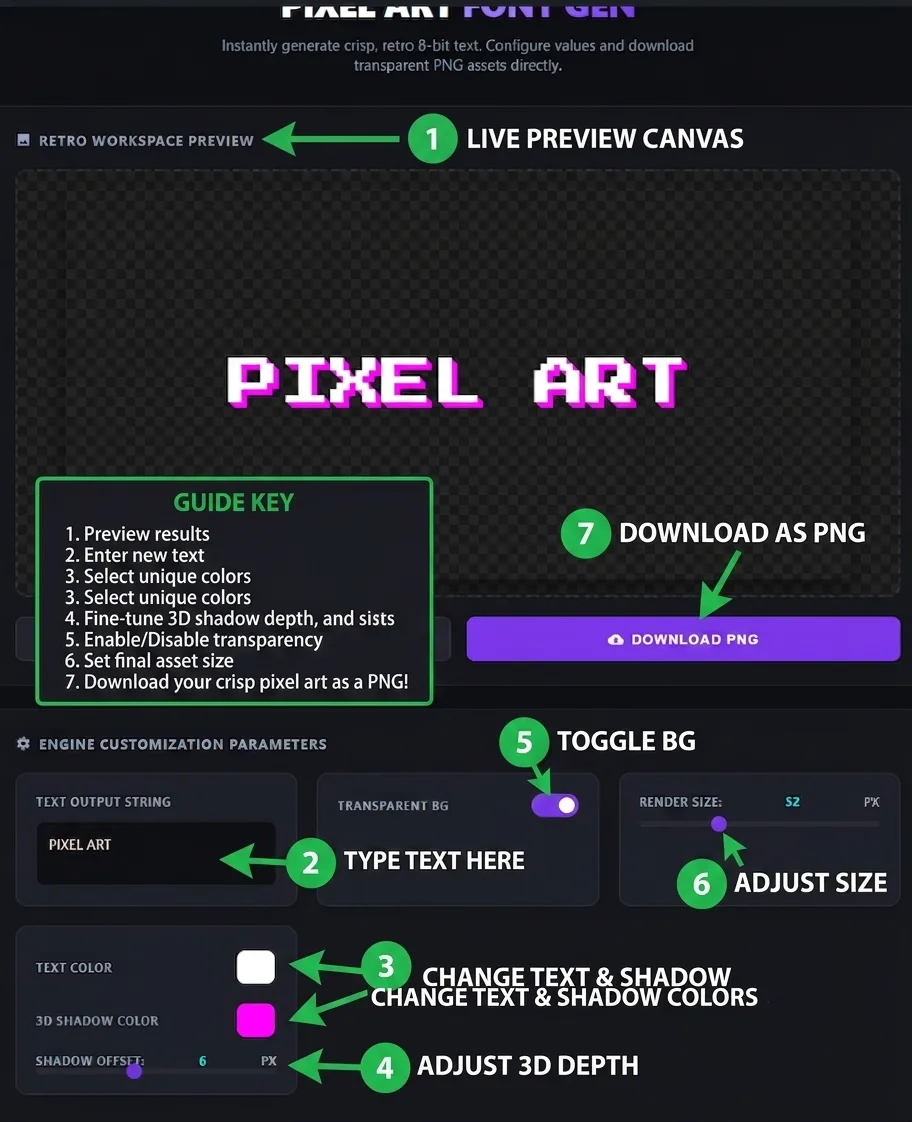 Pixel art font generator 3D shadow and transparency controls