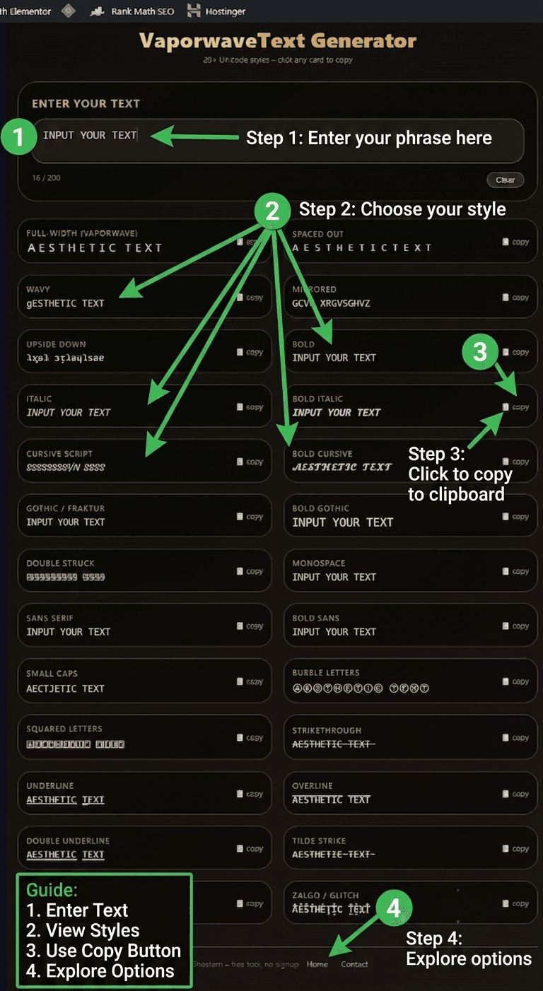 Annotated user guide for Vaporwave Text Generator – numbered steps 1-4 showing text input, style cards, copy button, and footer links