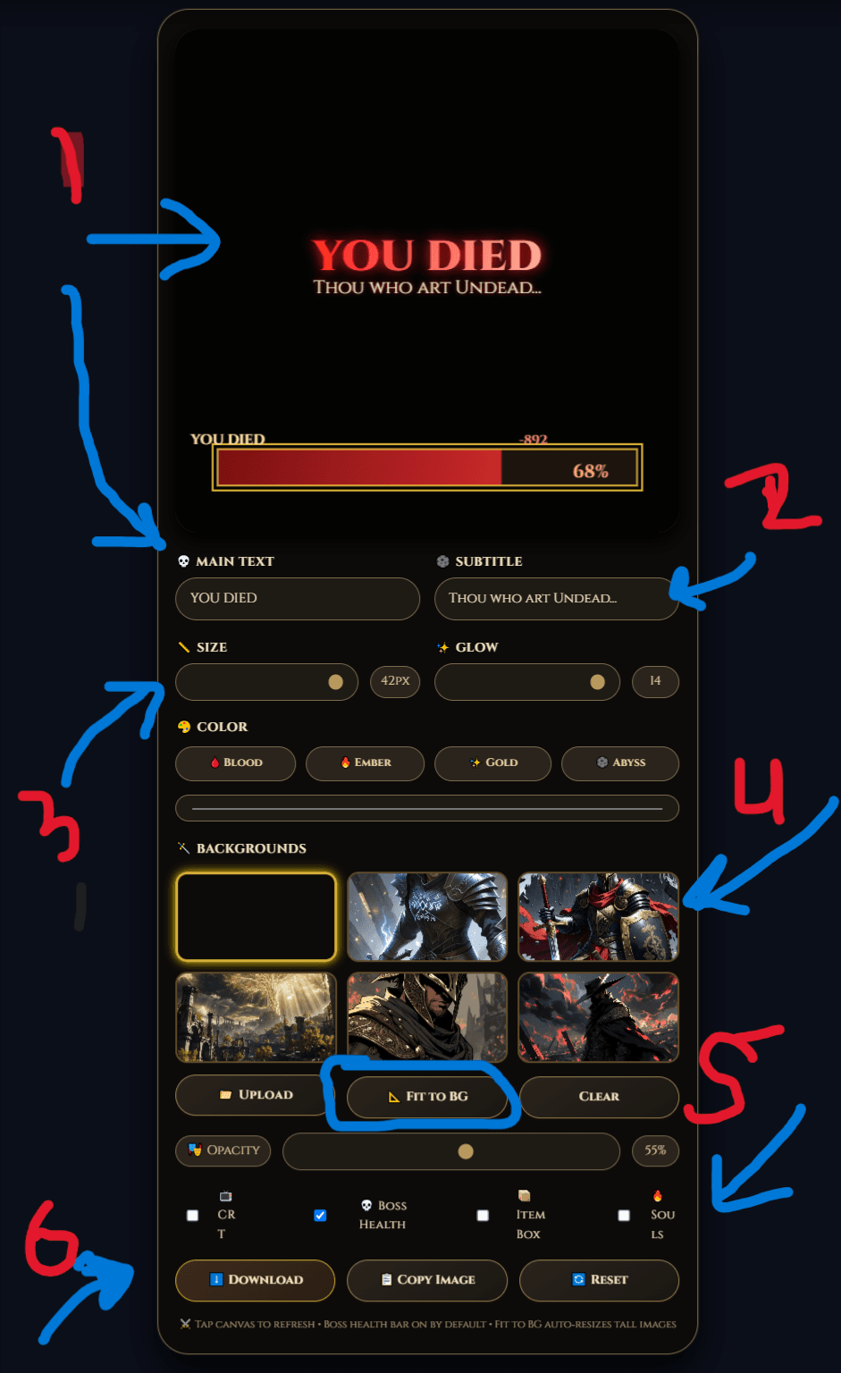 Annotated Elden Ring health bar generator dashboard showing where to edit text, change background, toggle overlays, and download PNG
