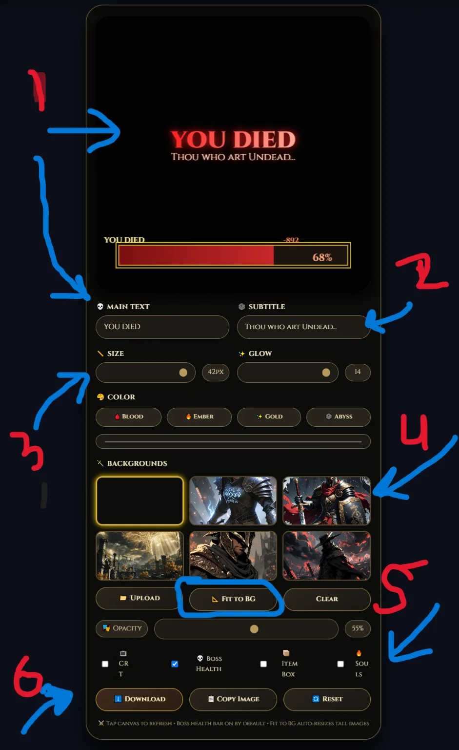 Annotated Elden Ring health bar generator dashboard showing where to edit text, change background, toggle overlays, and download PNG