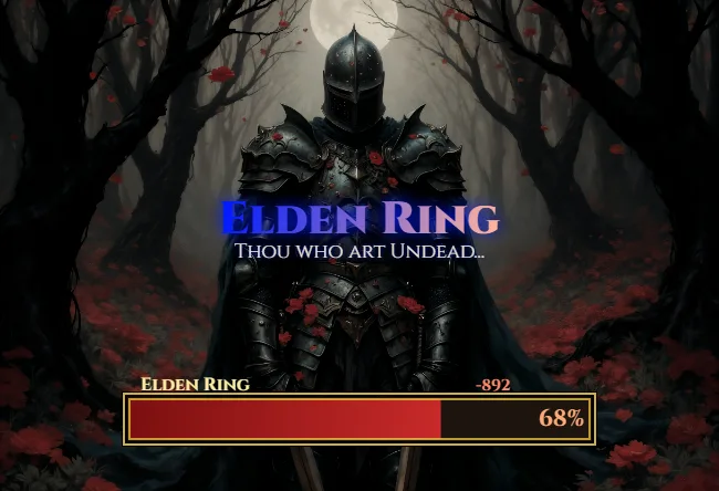 A 2x4 grid of eight Elden Ring Health bar-banners featuring various boss titles, game messages, and atmospheric fantasy backgrounds.