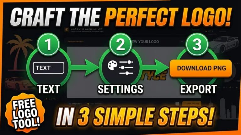 A high-energy YouTube thumbnail for a GTA Font Generator tool. The design features a dark background with orange accents, bold text reading "CRAFT THE PERFECT LOGO!" and "IN 3 SIMPLE STEPS!", and a clear 3-step workflow: (1) Enter Text, (2) Adjust Settings, and (3) Export/Download. A "FREE LOGO TOOL!" badge is prominent in the corner, and a sports car silhouette enhances the gaming aesthetic.