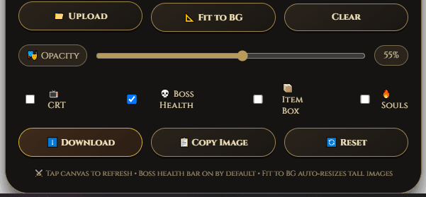 Game overlays dashboard with boss health bar, item box, souls counter, and CRT scanlines for Elden Ring style assets
