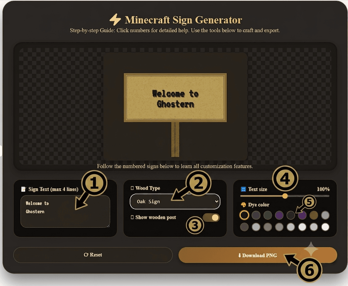 Minecraft Sign Generator step-by-step UI guide – wood type selector, dye palette, text input, post toggle, download button