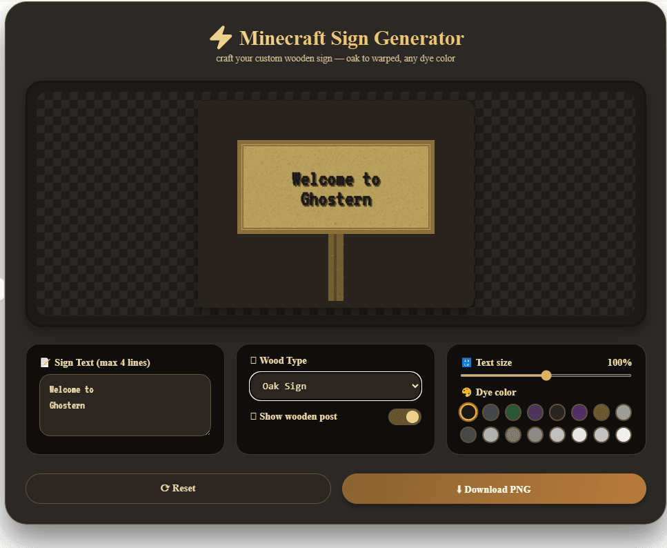 Minecraft Sign Generator with wood type, dye color, and text formatting options