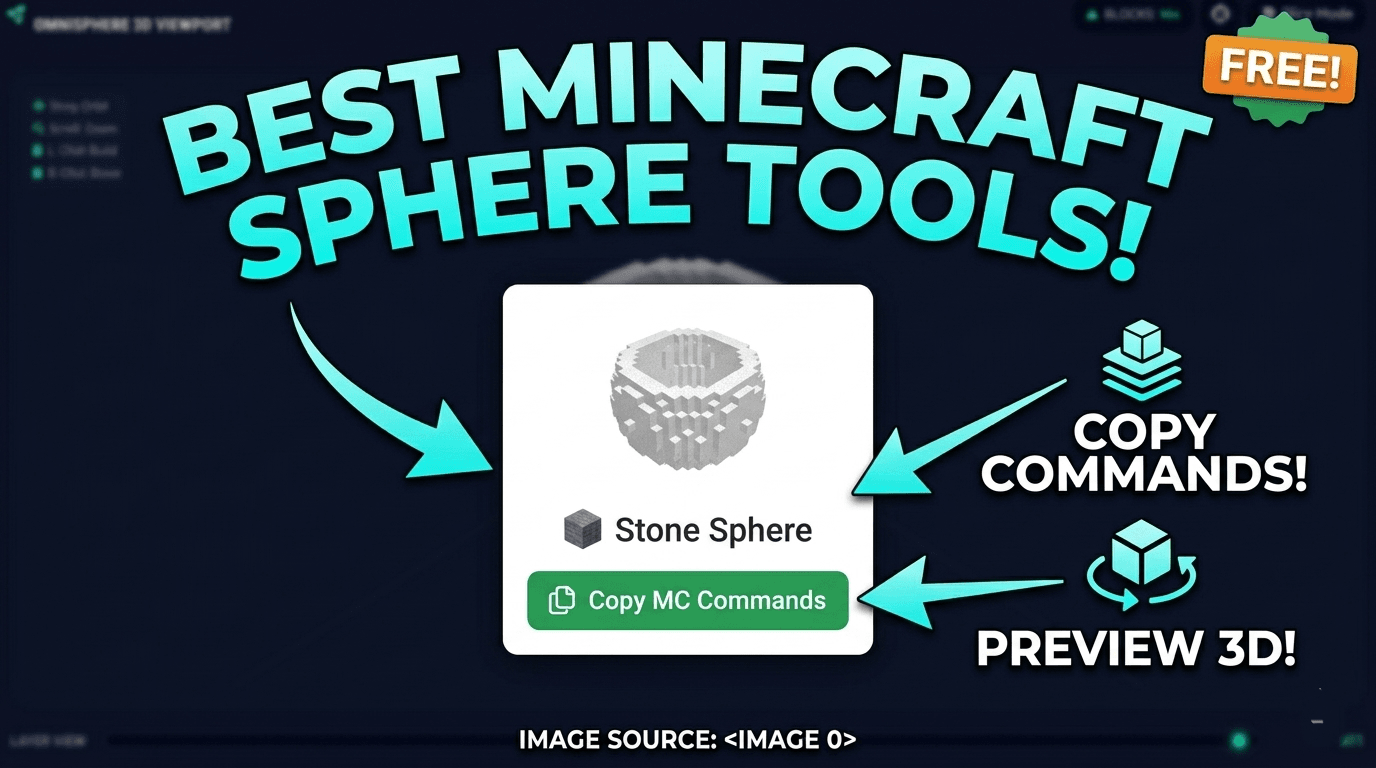 Minecraft sphere generator showing 3D voxel preview with layer slider and copy commands button