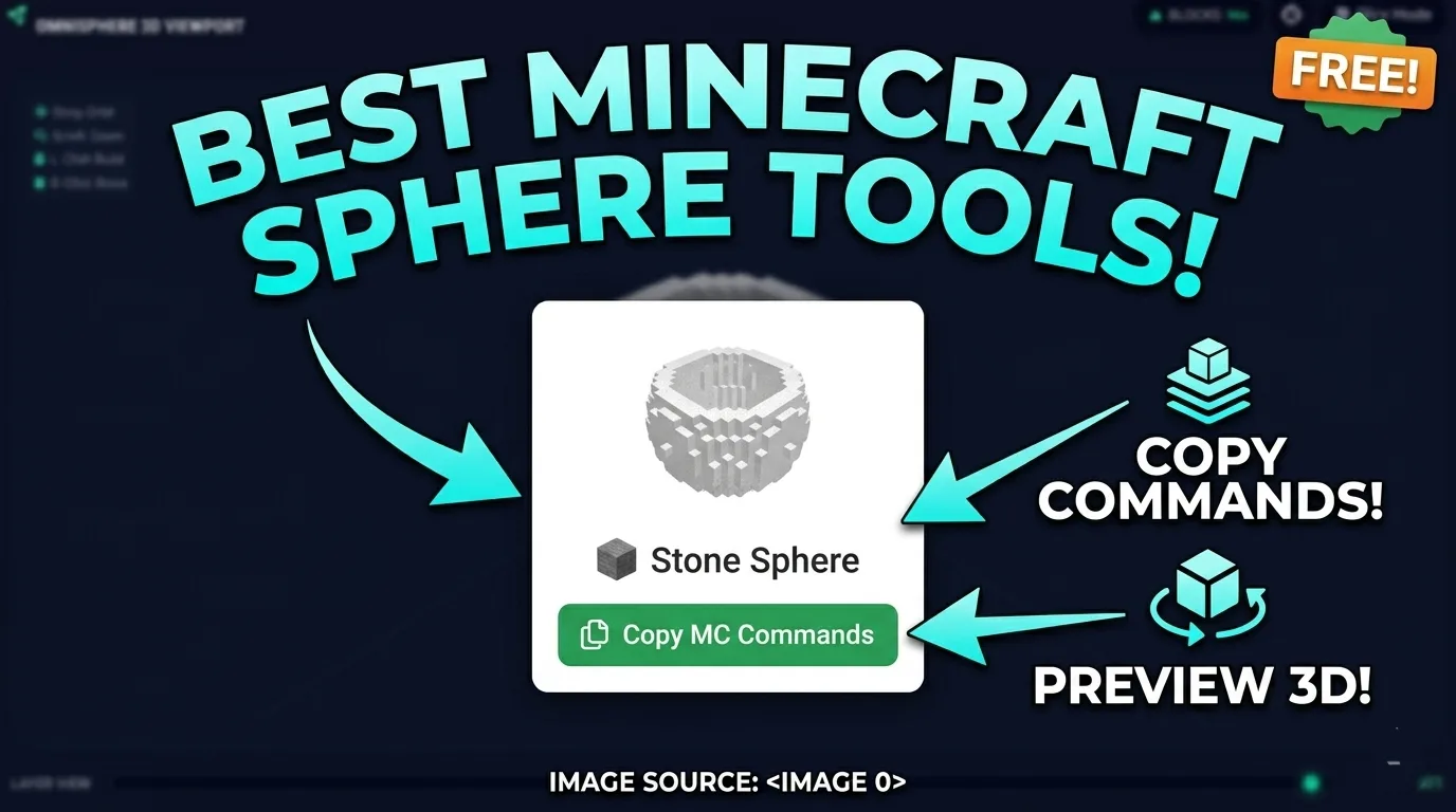 Minecraft sphere generator showing 3D voxel preview with layer slider and copy commands button