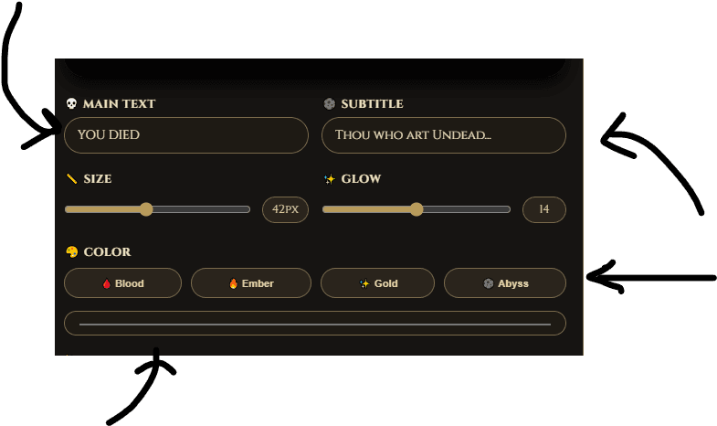 Elden Ring health bar text style panel showing text input, size controls, glow settings, and color presets