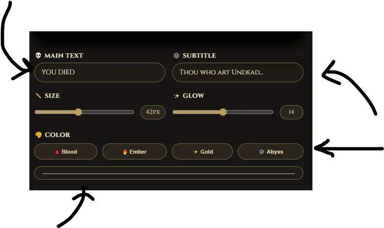 Elden Ring health bar text style panel showing text input, size controls, glow settings, and color presets