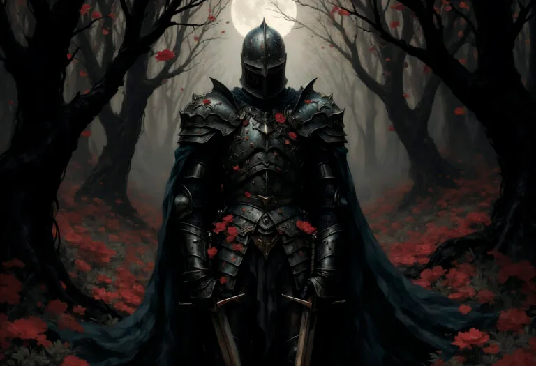 A detailed close-up portrait of a knight in full, dark, battle-worn plate armor integrated with delicate red flowers, holding two swords, in a misty, floral forest with a smaller moon.