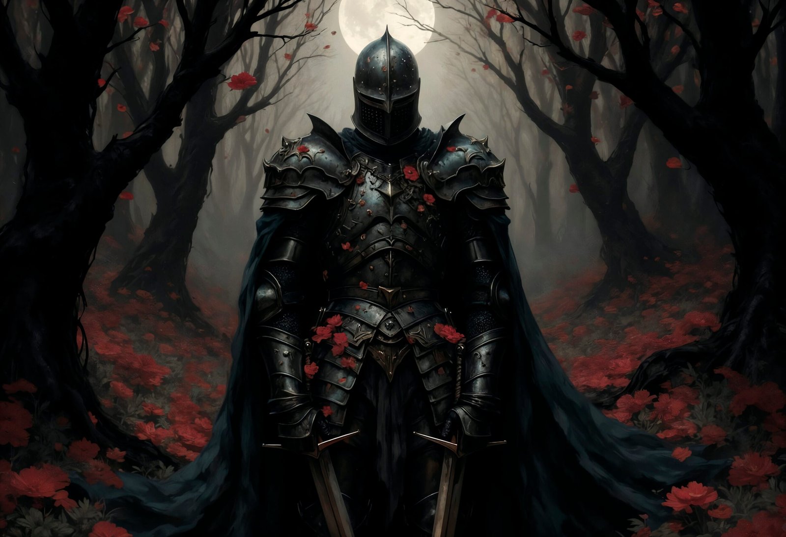 A detailed close-up portrait of a knight in full, dark, battle-worn plate armor integrated with delicate red flowers, holding two swords, in a misty, floral forest with a smaller moon.