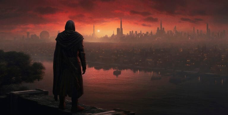 A wide panoramic view over a river toward a massive city skyline, a blend of future and past spires, under a dramatic blood-red and orange sunrise, with a cloaked figure from behind looking out from a ledge.