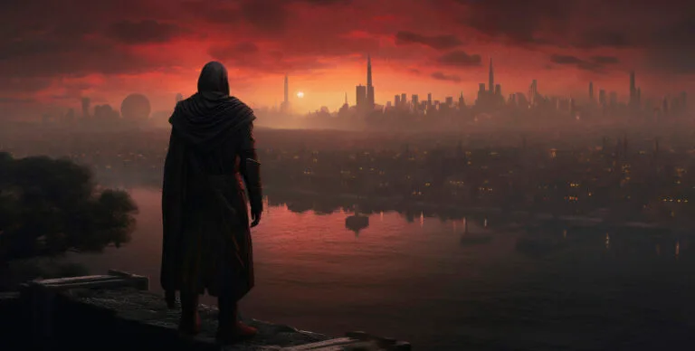 A wide panoramic view over a river toward a massive city skyline, a blend of future and past spires, under a dramatic blood-red and orange sunrise, with a cloaked figure from behind looking out from a ledge.