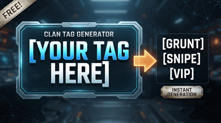 A high-contrast video thumbnail for a 'Clan Tag Generator' tool, set against a futuristic, dark tech background. The text '[YOUR TAG HERE]' is prominently displayed in a sleek, glowing blue box, with a large orange arrow pointing to a box on the right listing example tags like '[GRUNT]', '[SNIPE]', and '[VIP]'. A small 'FREE!' badge is in the top-left corner, and a button below the examples reads 'INSTANT GENERATION'.